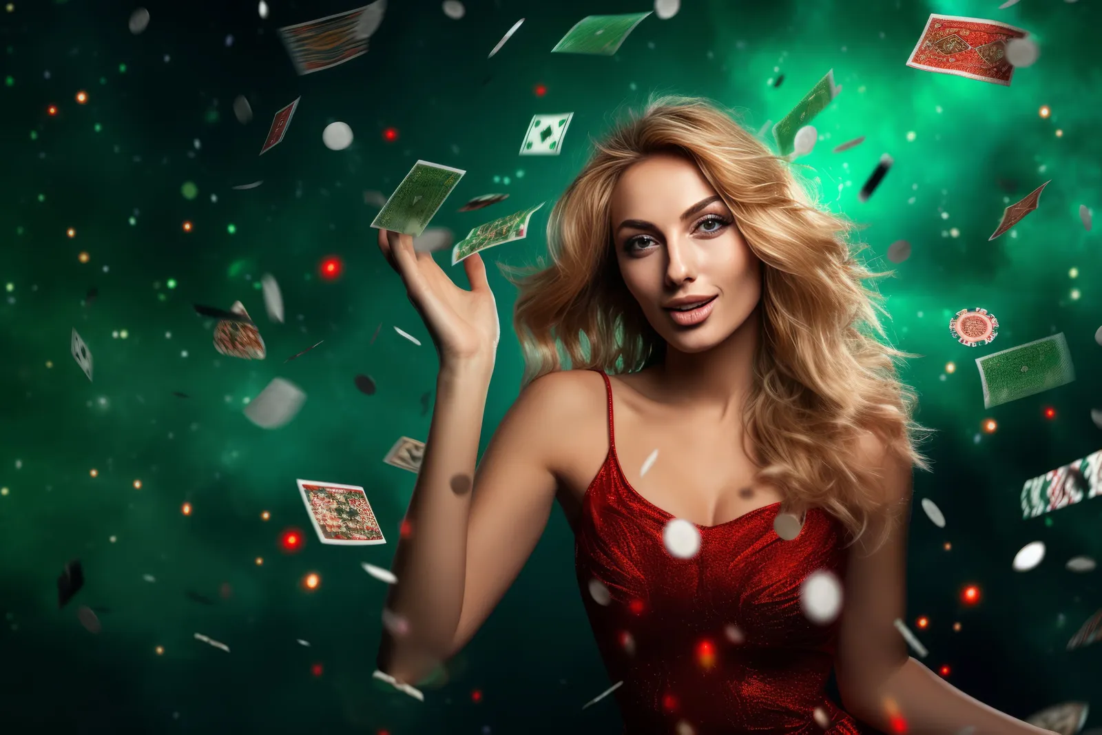 A woman in a red dress raises one hand as playing cards and small objects appear suspended around her against a glowing green background.