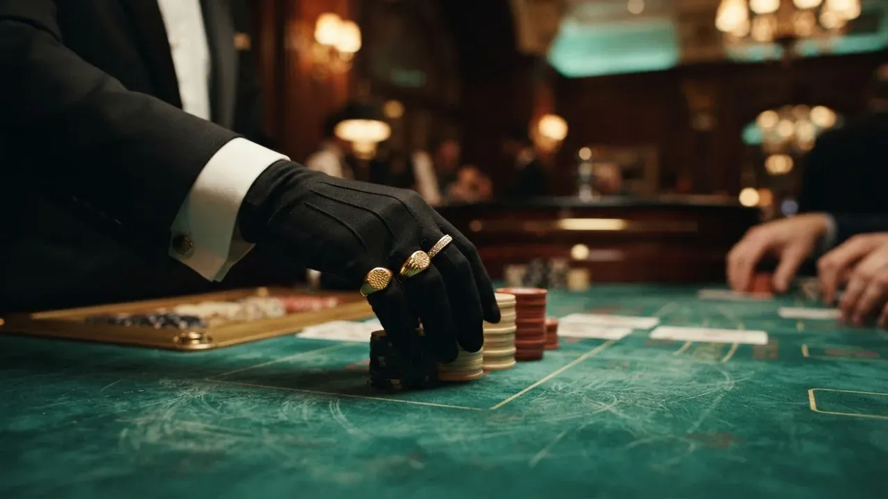 A gloved hand wearing gold rings moves poker chips across a green felt table.