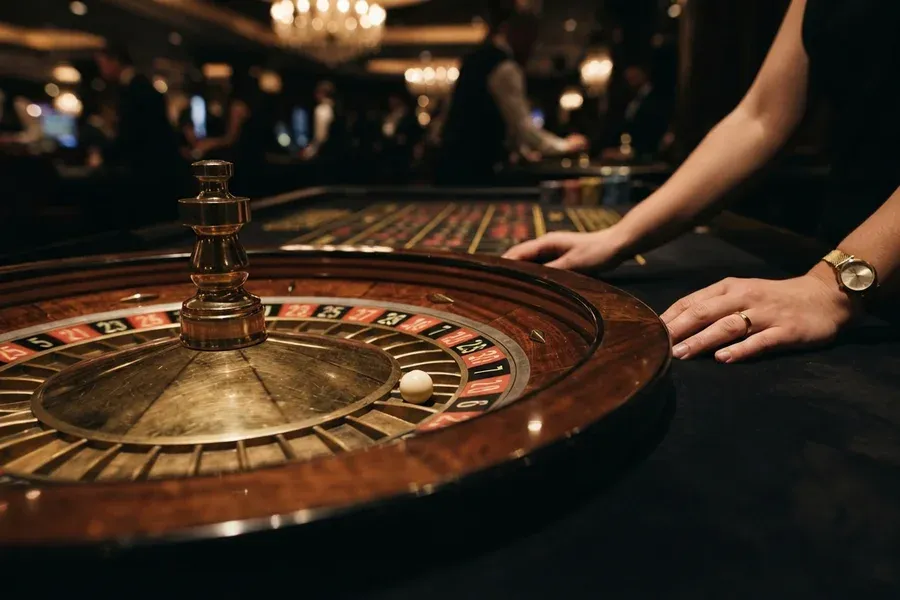 A roulette wheel and ball sit on a wooden table beside a person's hands.