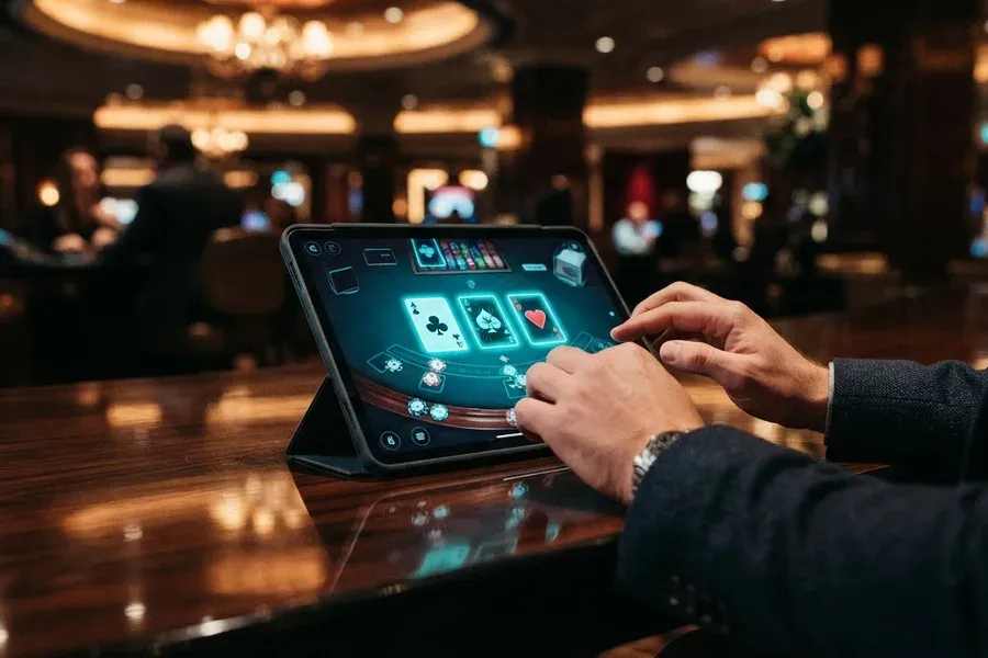 Hands interact with a card game displayed on a tablet resting on a glossy wooden table.