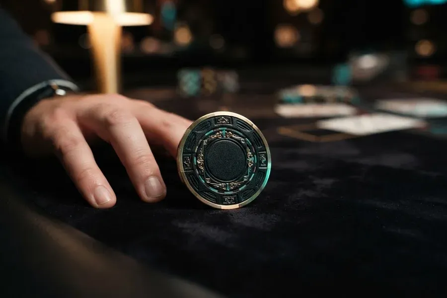 A hand rests beside an ornate round token standing on a dark table.