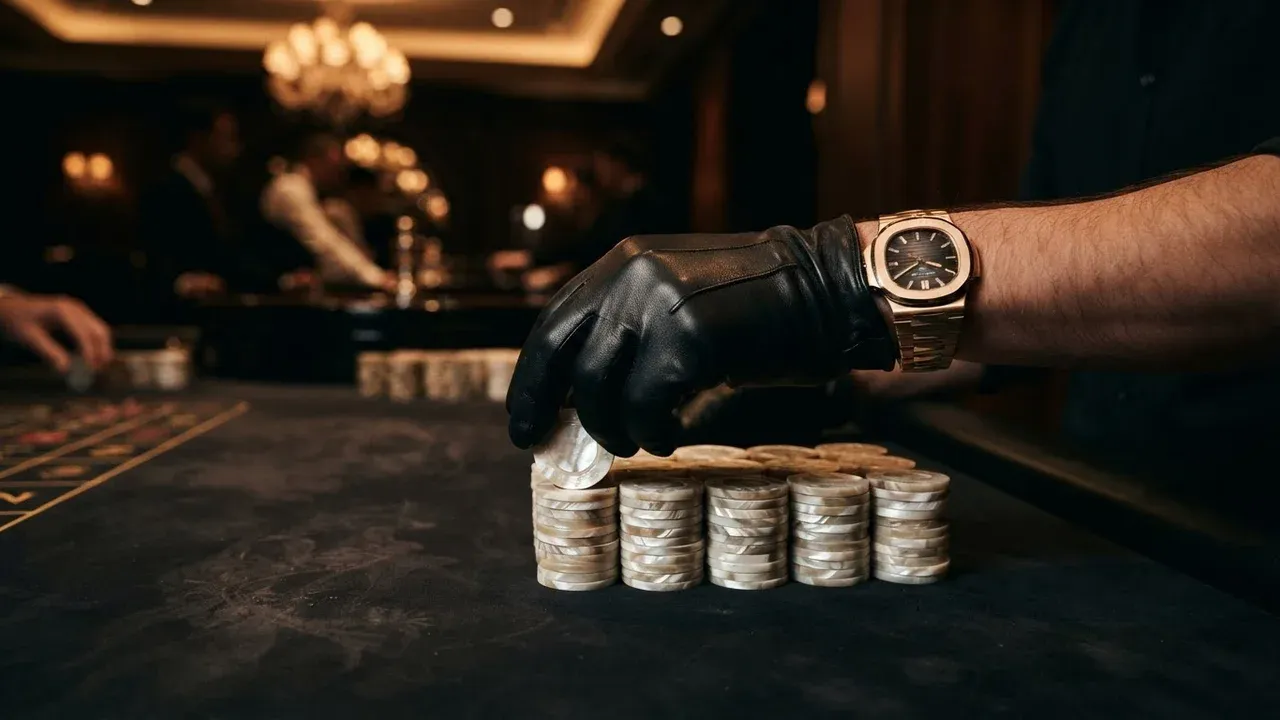 A black-gloved hand places a coin on stacks of coins on a dark table.