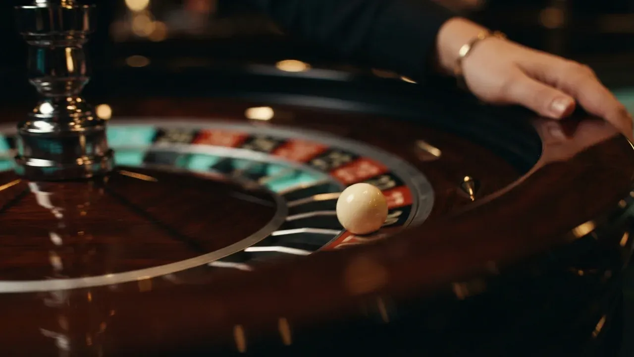 A white ball rests on a roulette wheel as a hand reaches over the table.